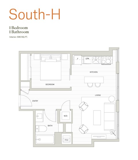 Floor plan for 1 bed, 1 bath, 596 sqft